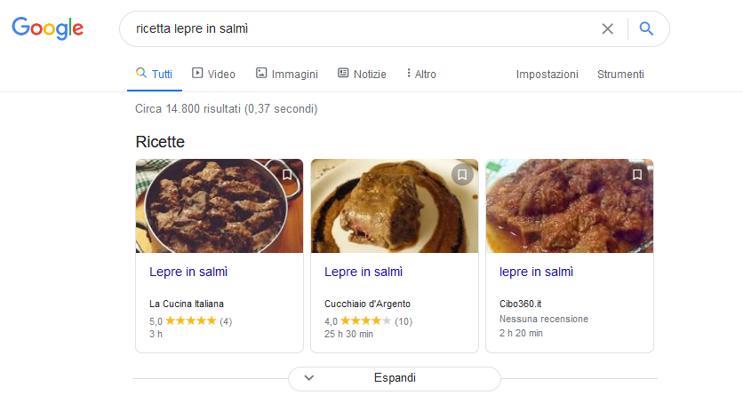 Serp con dati strutturati ricetta